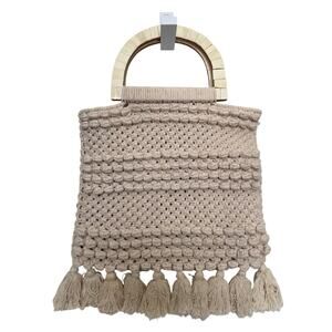 Cleobella 2010s Cream Macramé Cotton Tote Wooden Handle Boho Bag